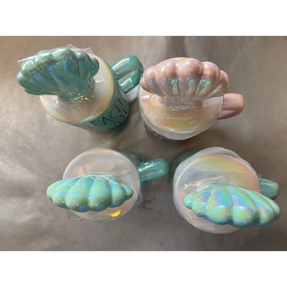 Rae Dunn Iridescent aqua / teal 'Aloha Beaches' XL Mug w/ Shell Lid